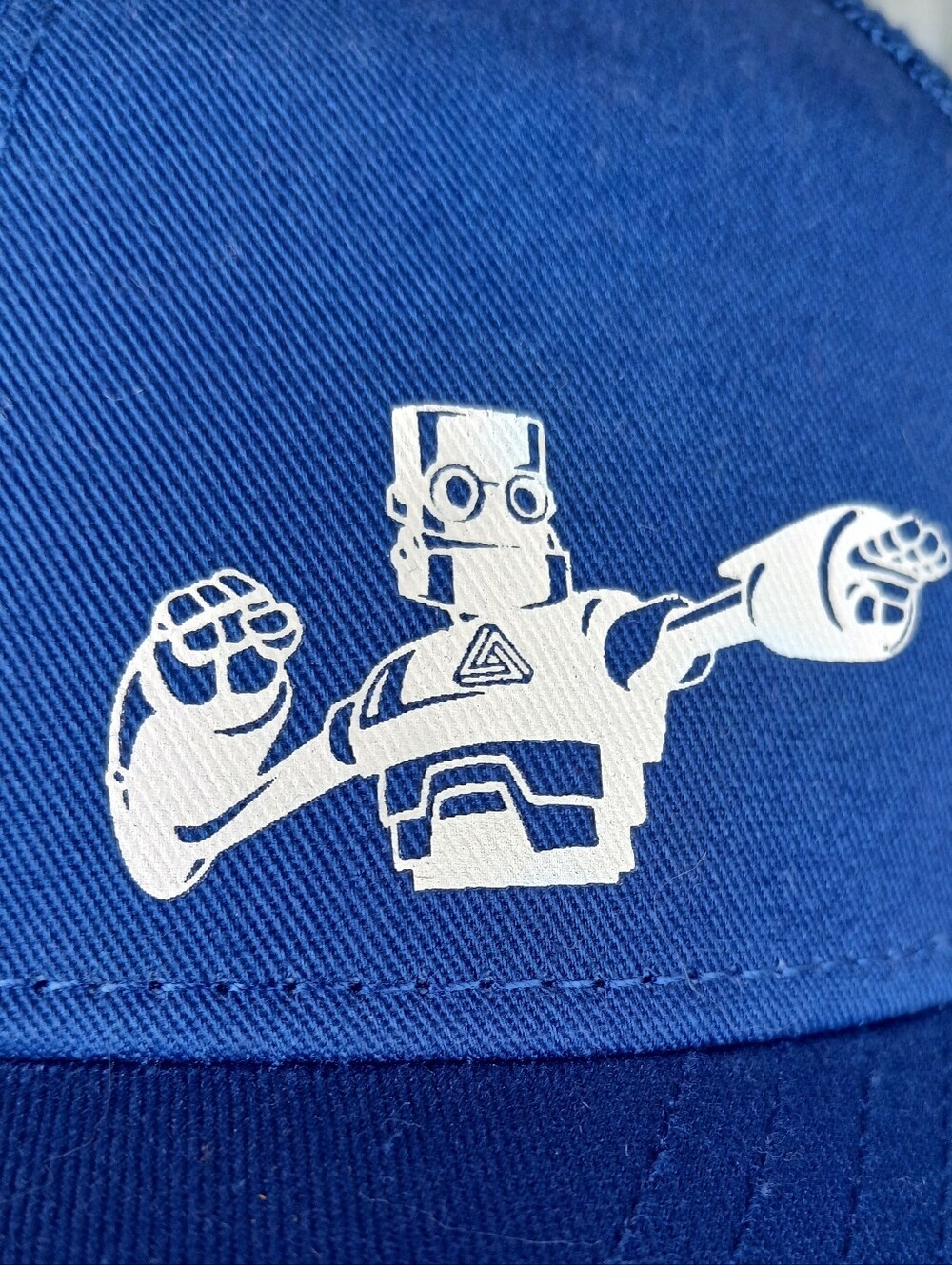 Blue Trucker Hat Cap with White Robot Graphic Iron Giant Automox IT Geek